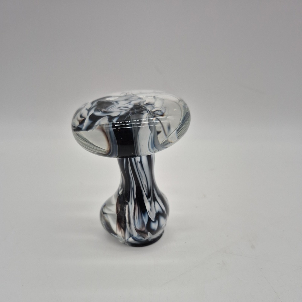 Black and Clear Hand Blown Glass Mushroom Directional Paperweight